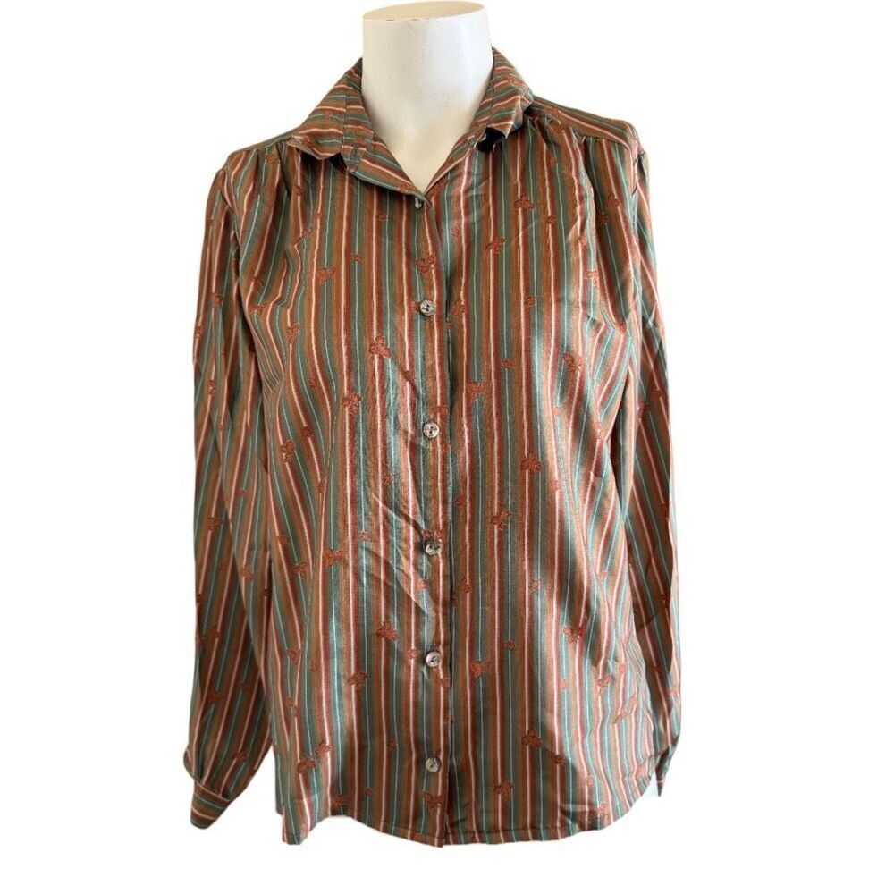 leaf plant women’s M button up vintage 90s retro button up shirt bronze striped